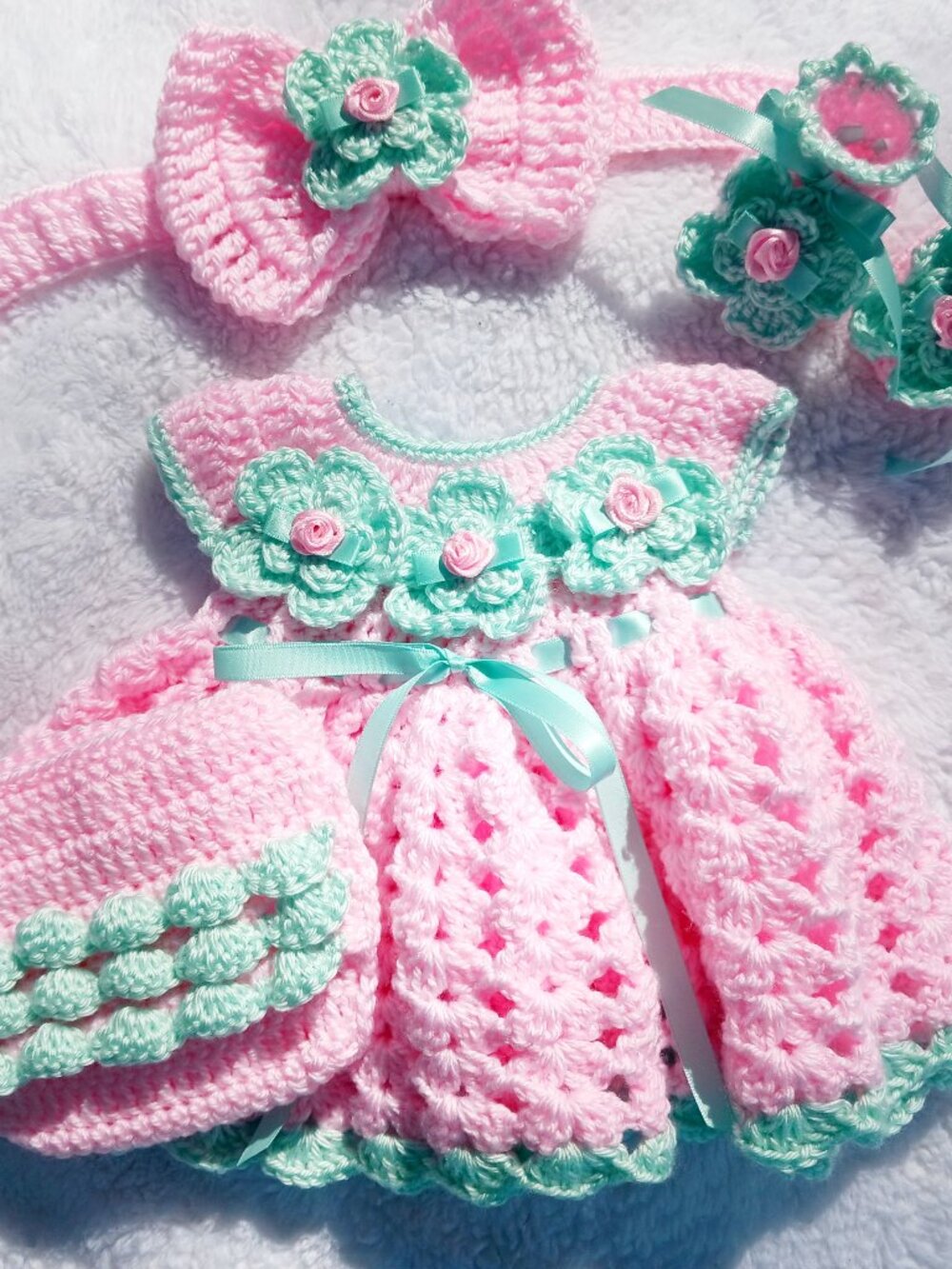 Crochet Baby Girl Pink and Mint Green Headband Heirloom Dress Set Photo Prop